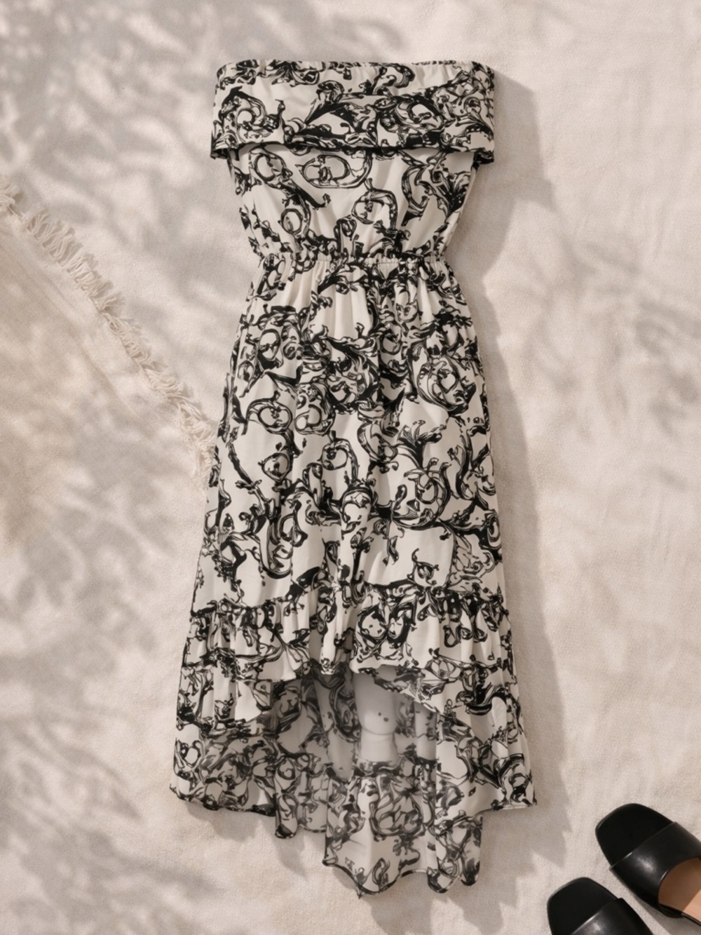Peach Couture Strapless Paisley High Low Dress Black White Boho Midi Hi-Lo